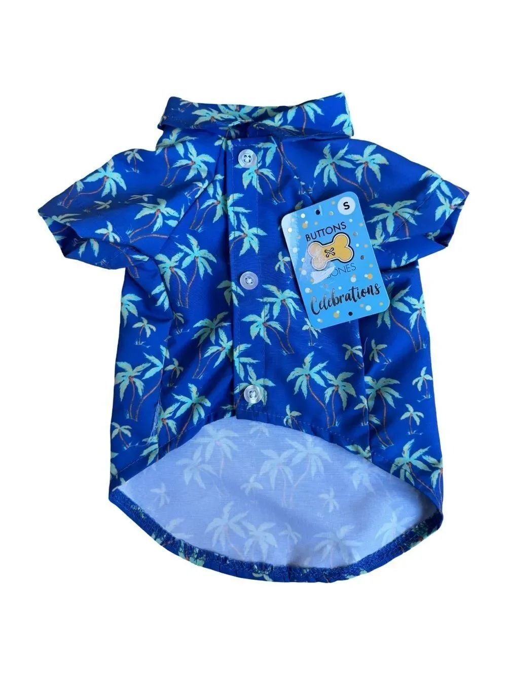 Buttons & Bones Blue Button Up & Velcro Tropical Print Dog Shirt Size Small NWT